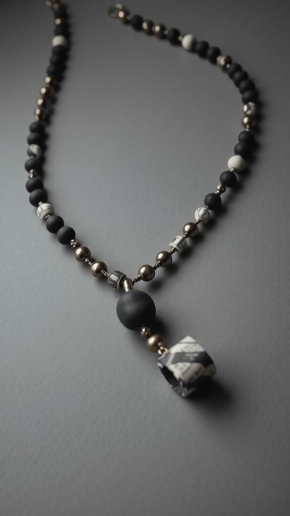 Monochrome Newspaper Paper Bead Collar Necklace