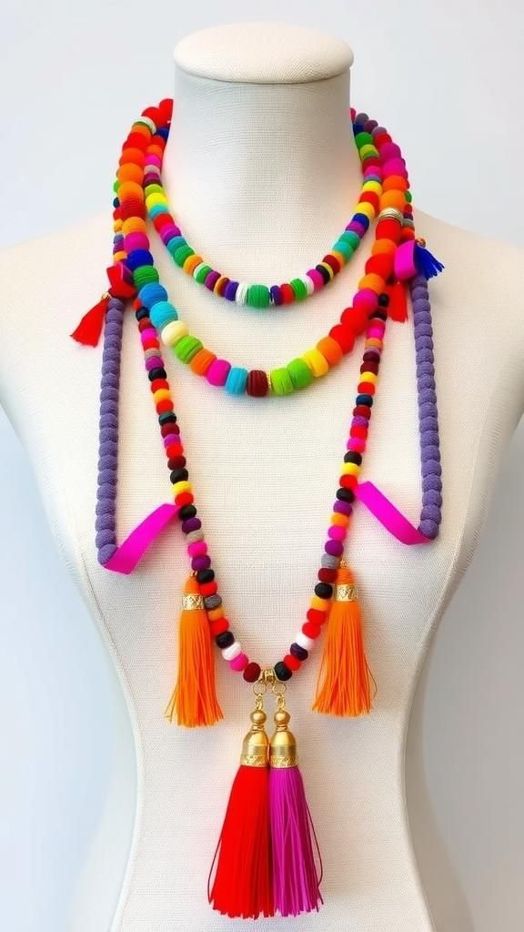 Rainbow Paper Bead Lariat Necklace With Tassel Ends