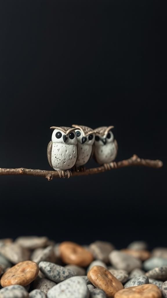 Adorable Tiny Pebble Owls Perched On Branch