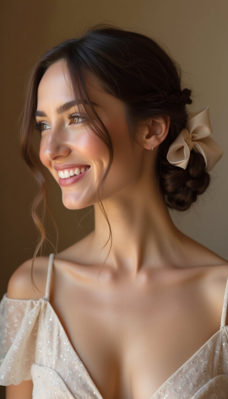 Low Braided Bun With Satin Ribbon Wrap