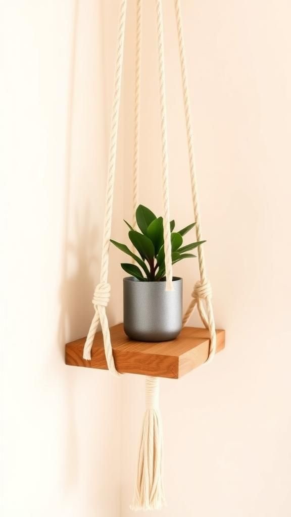 Macramé Rope Hanging Shelf With Small Planter