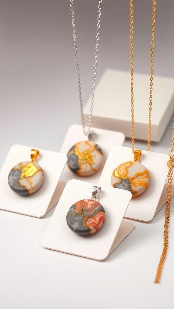 Marbled Pendant Necklaces With Metallic Veins