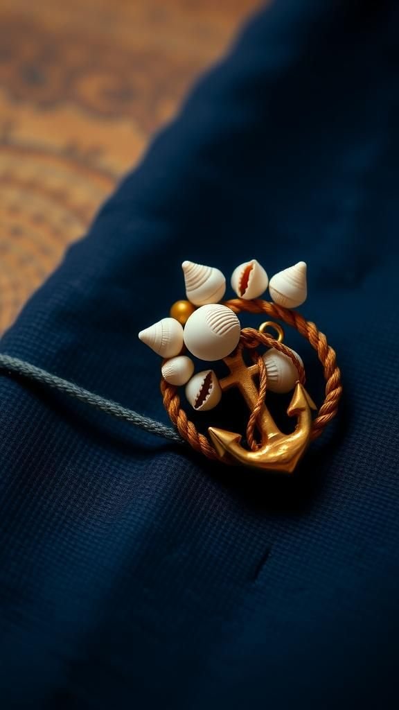 Nautical Shell Charm Brooch With Anchor Accent