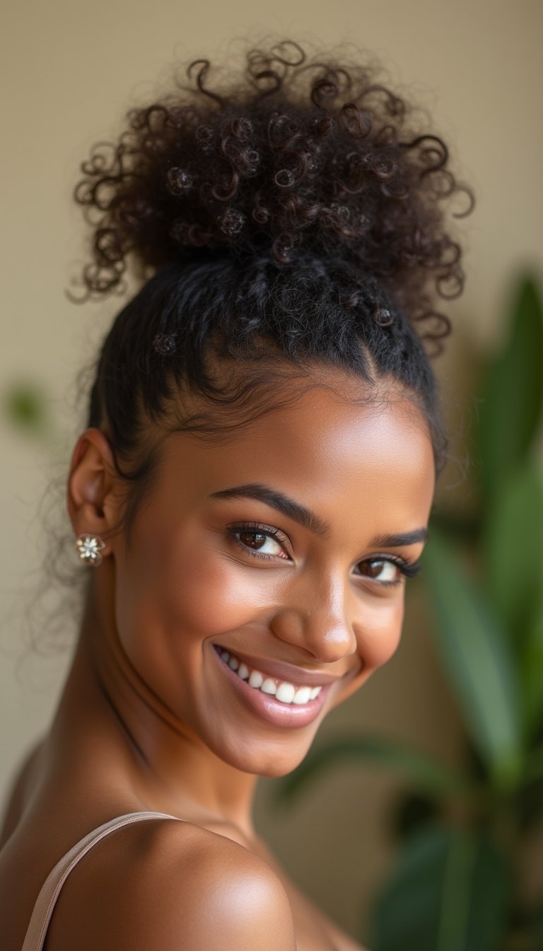 Curly Hair Sleek Bubble Ponytail with Defined Bubbles