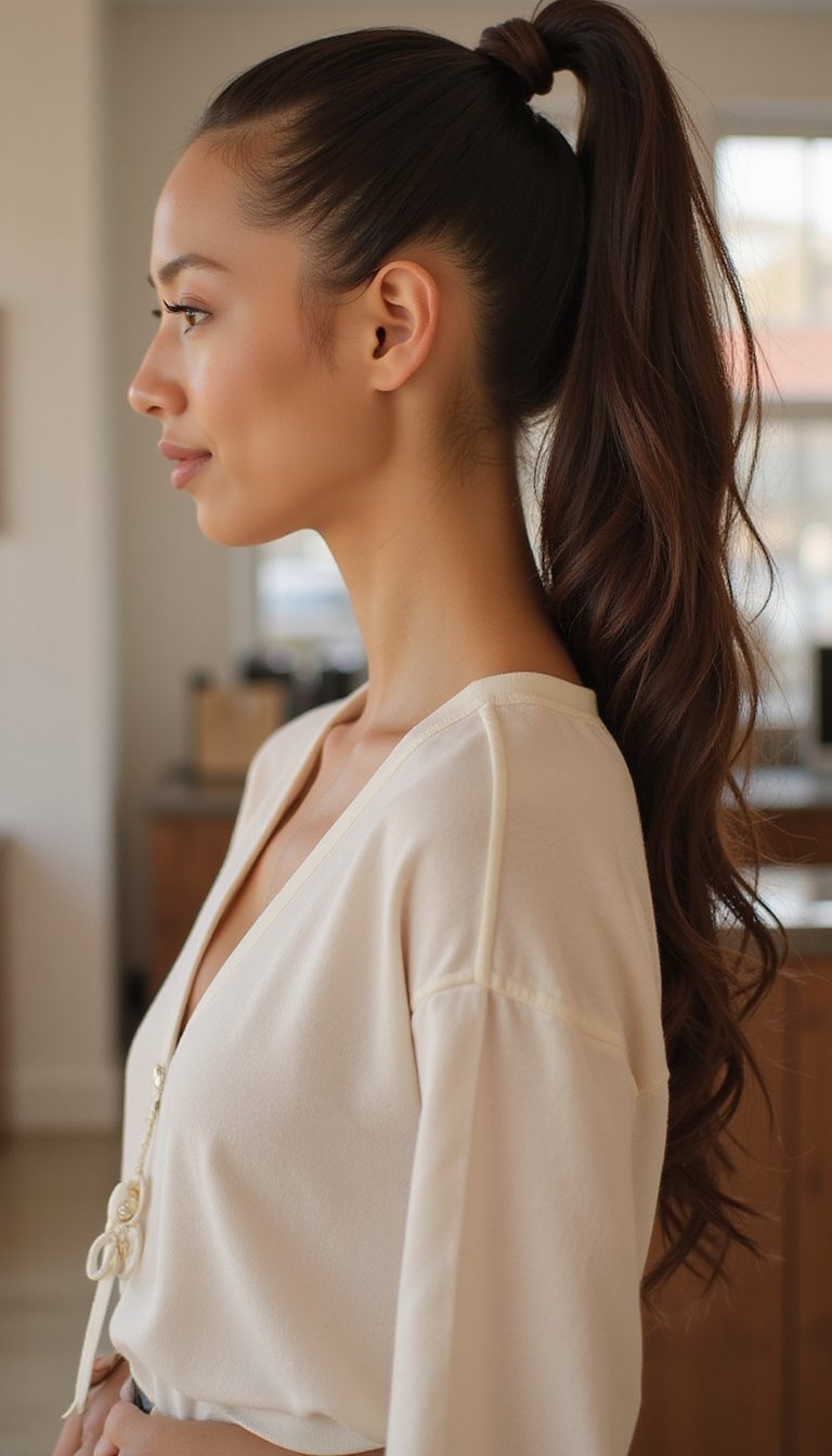 High Center Part Sleek Bubble Ponytail with Gloss