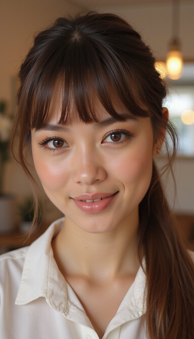 Sleek Bubble Ponytail with Curtain Bangs Frame