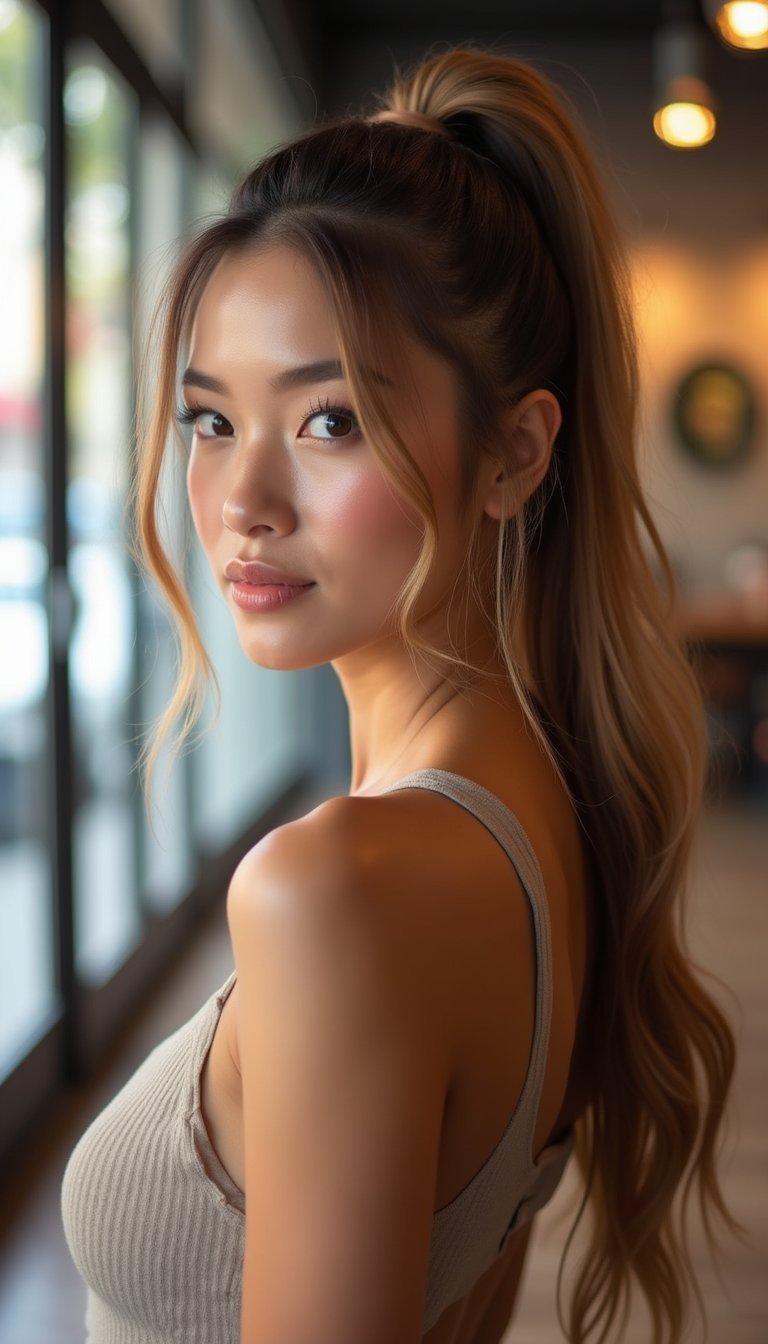 Sleek Bubble Ponytail with Subtle Face-Framing Layers