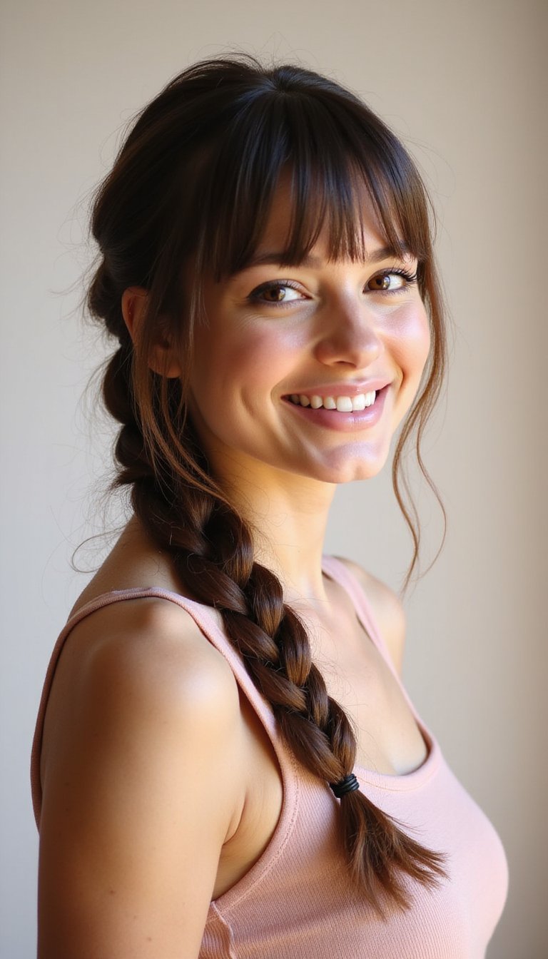 Braided Ponytail With Curtain Bangs For Face Framing