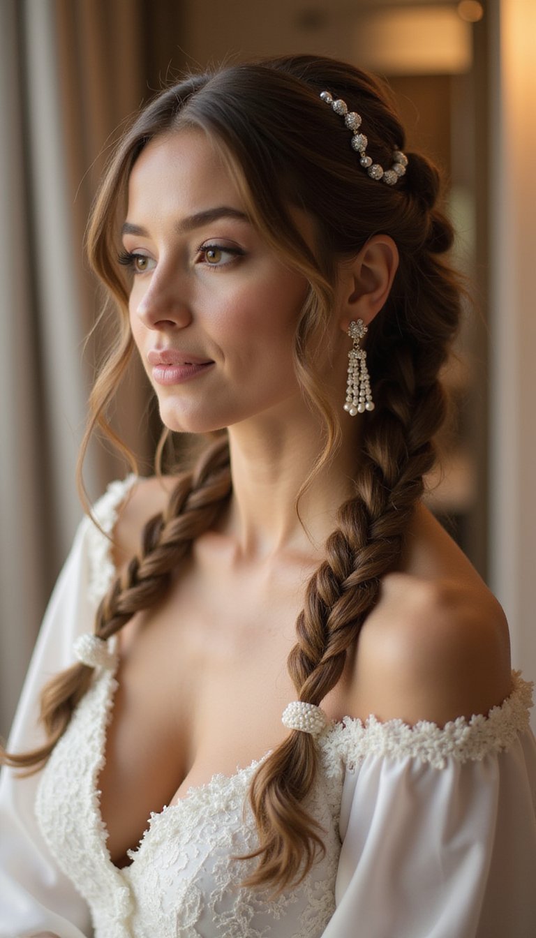 Elegant Bridal Stitch Braids With Pearls