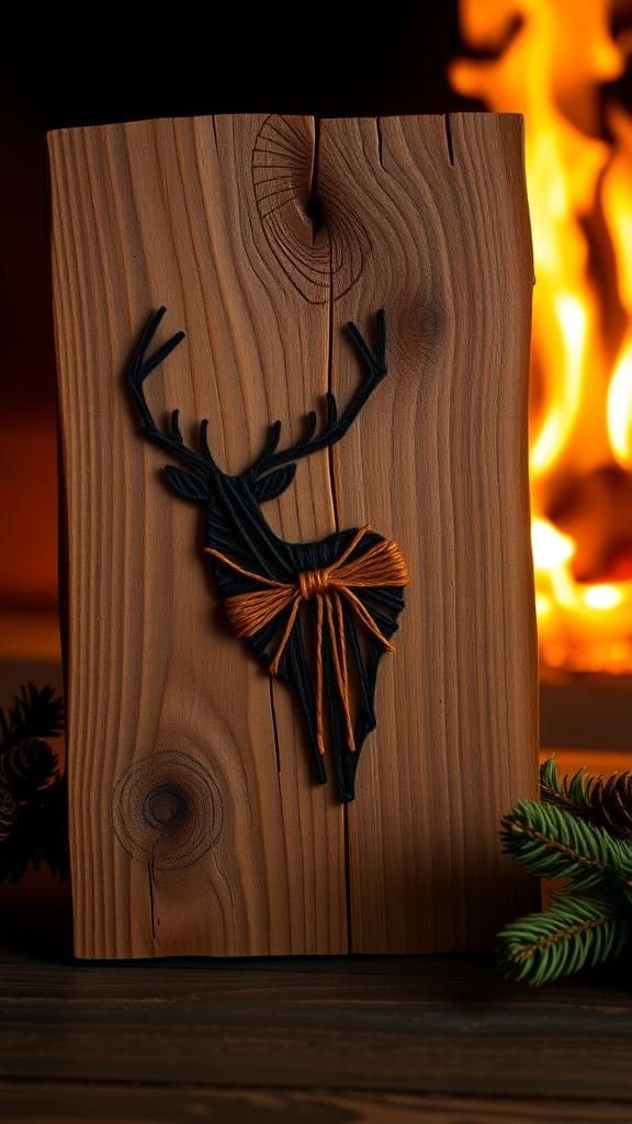 Woodland Stag Silhouette On Rustic Plank