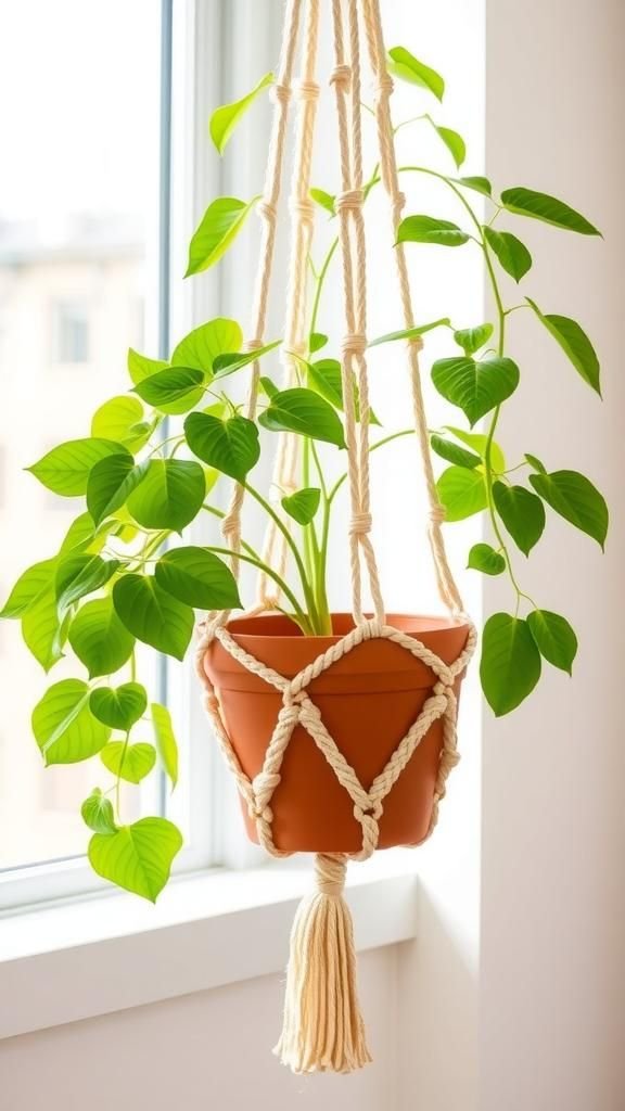 Macramé Plant Hanger With Flowing Tassel Finish