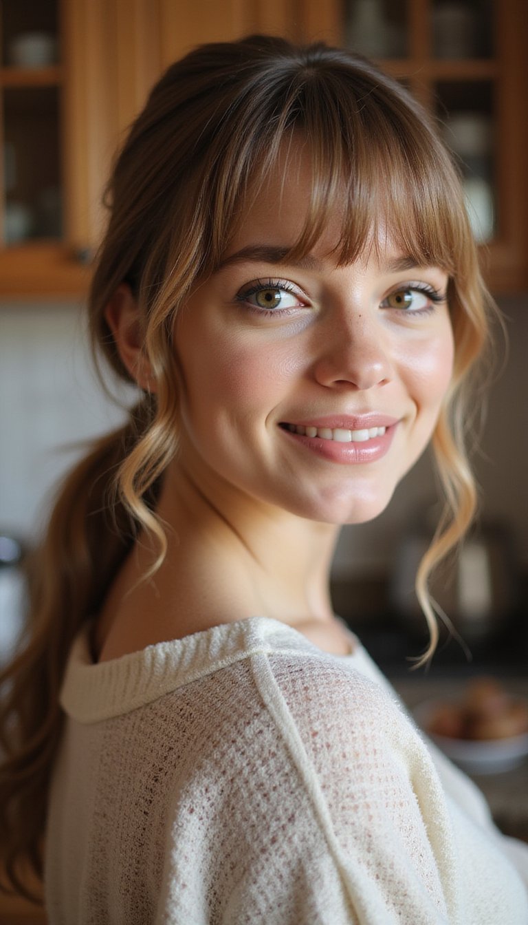 Airy Curtain Wispy Bangs With Low Ponytail