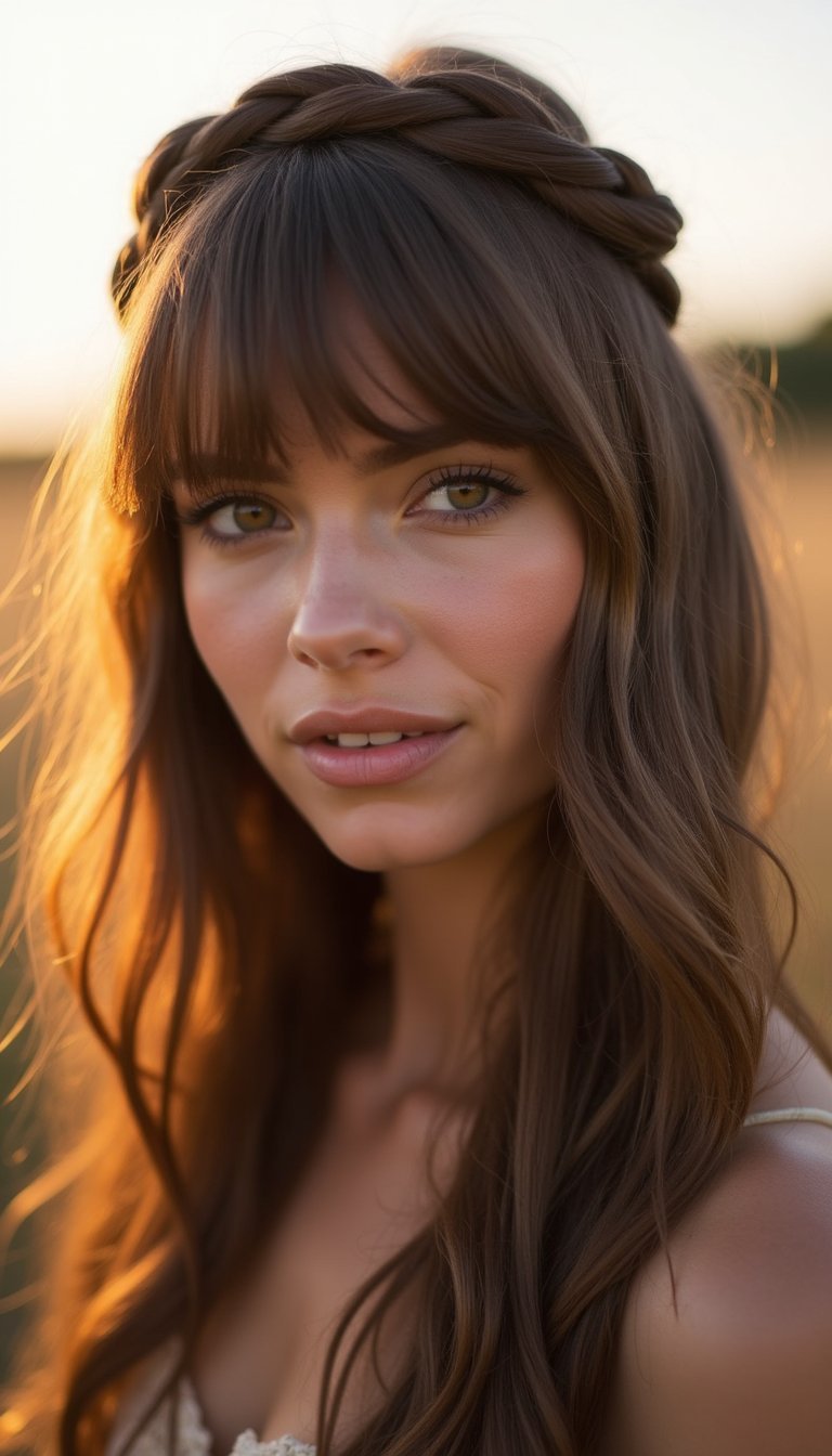 Wispy Bangs With Braided Crown For Boho Flair