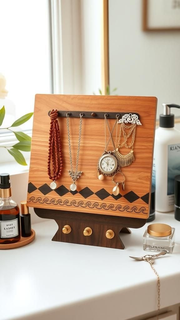 Jewelry Holder Board With Patterned Woodburn Design