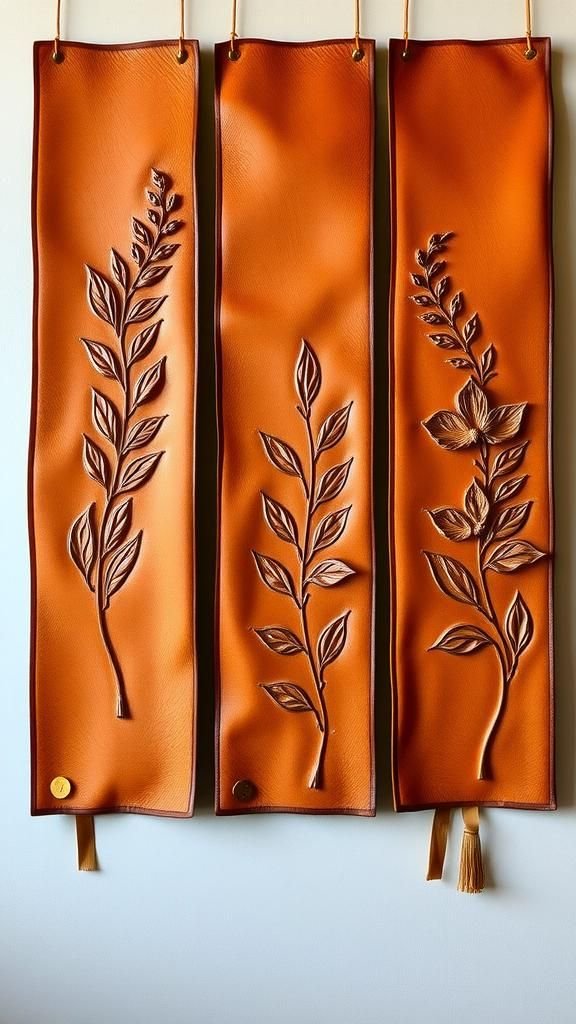 Leather panels embossed with botanical stamps