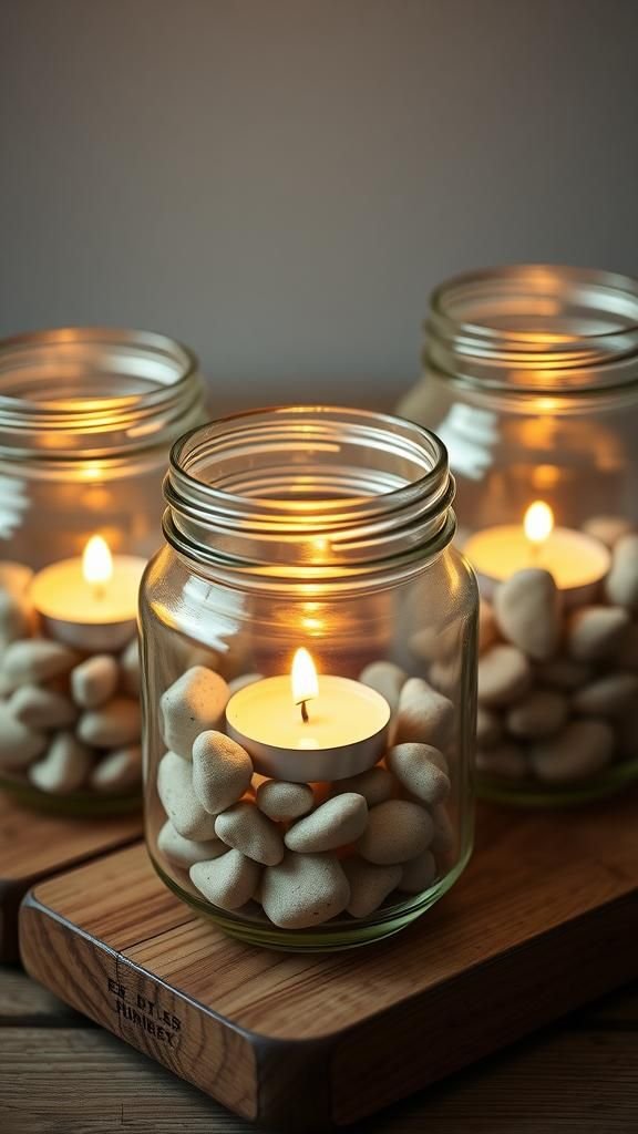 Mason jar candle holder with pebbles