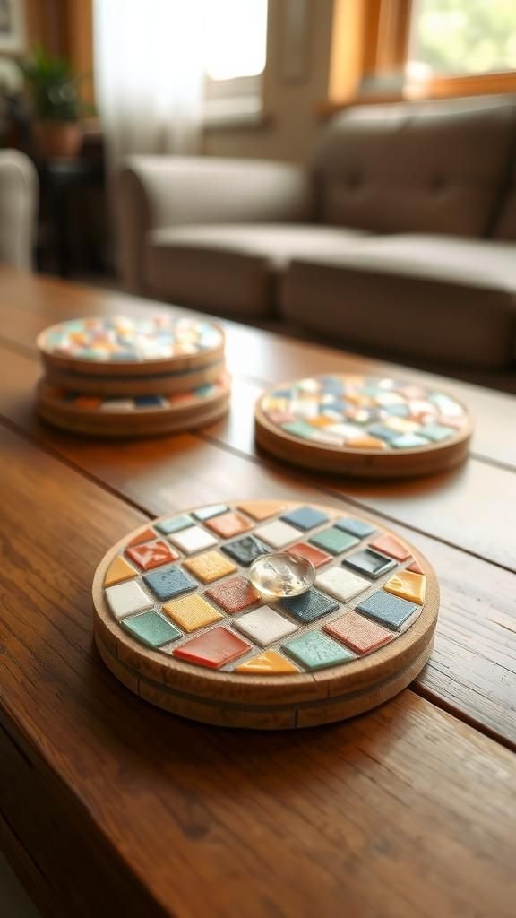Mosaic tile coasters with colorful grout
