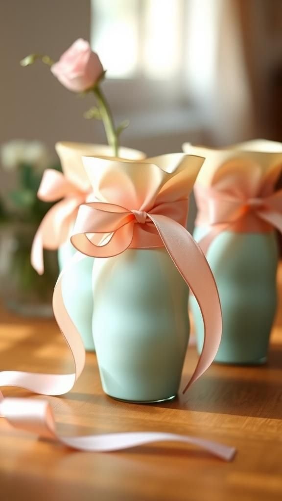 Ombre ribbon wrapped vase cluster on table