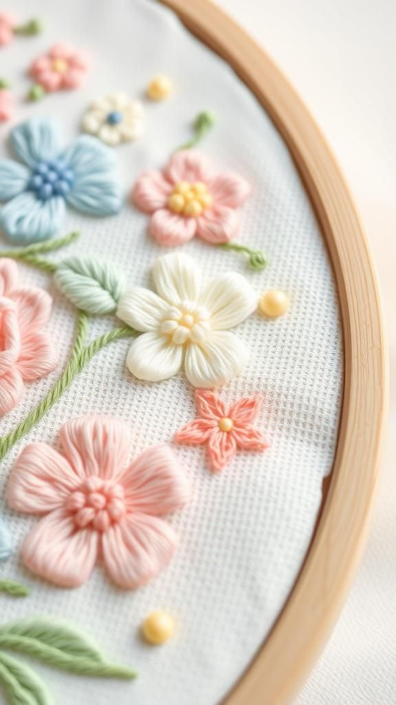Spring embroidery hoop art with floral motifs