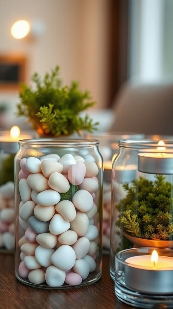 Tealight terrarium jars with pastel pebbles and moss