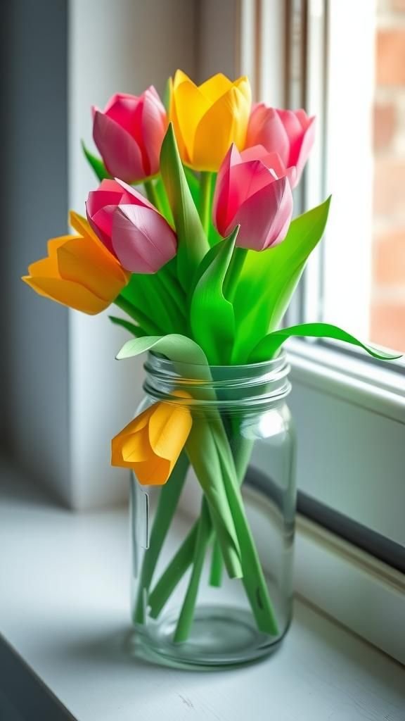 Origami tulips in a jar for paper gardens