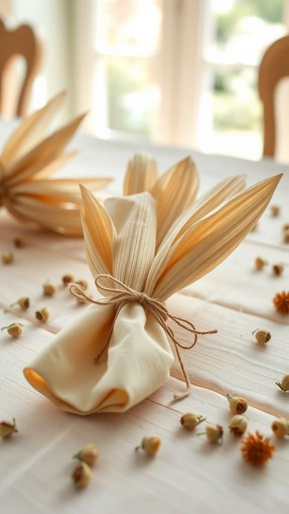 Corn husk napkin holders with soft rural flair