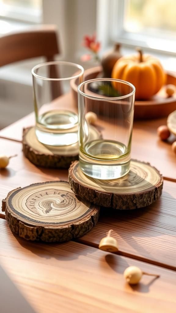 Rustic wood slice coasters with bark edges