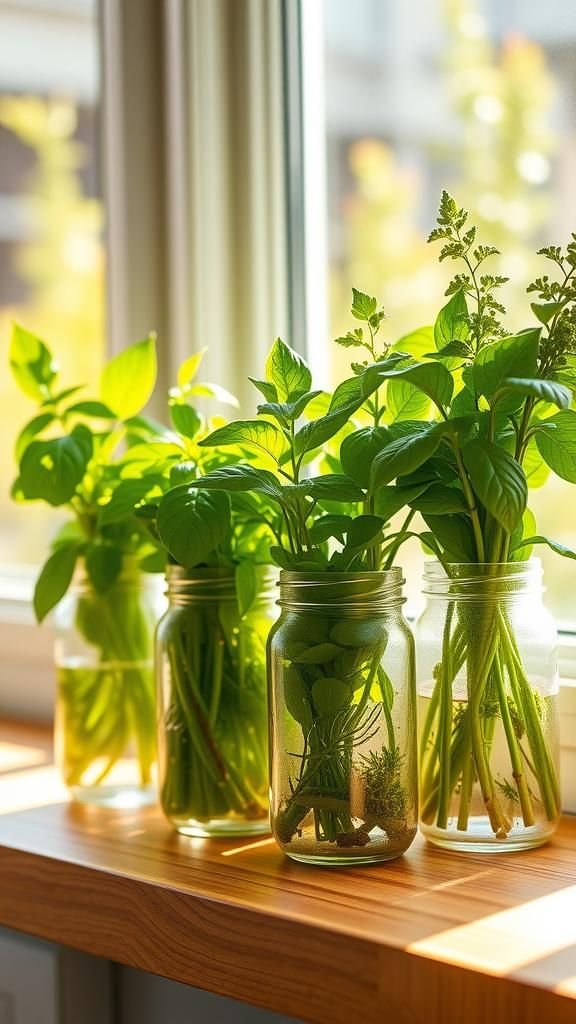Herb planters on the windowsill for fresh snips