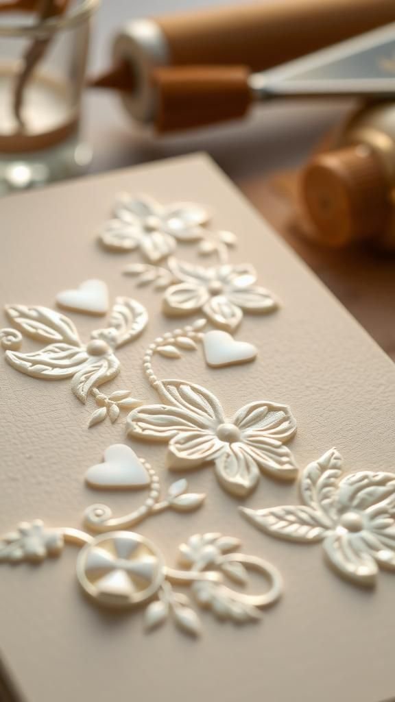 Embossed floral pattern with pearly ink highlights