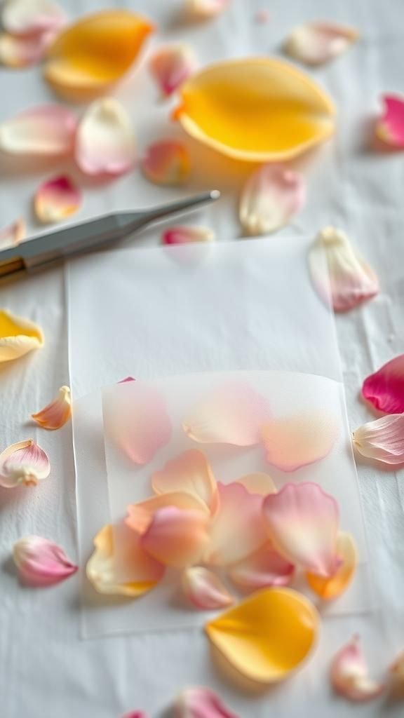 Pressed petal confetti inside a translucent pocket