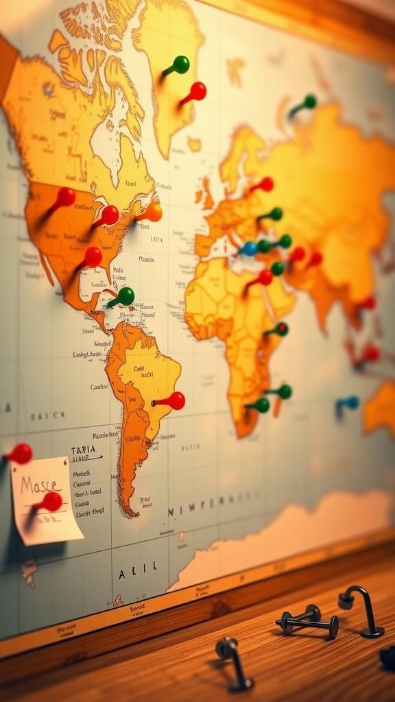 Bucket-list map dotted with pins and hand-drawn routes