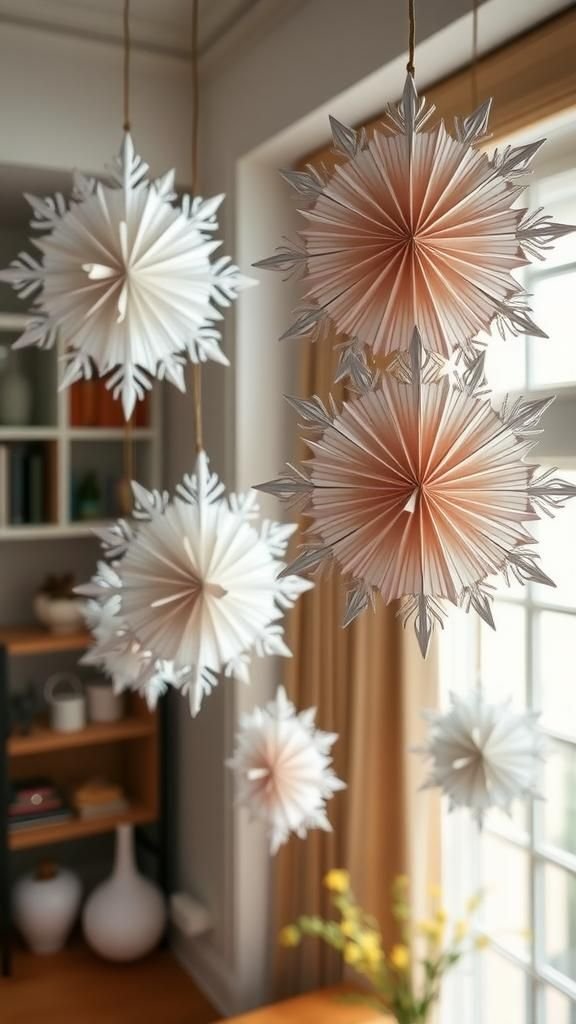 Accordion-folded dimensional snowflake mobiles for ceilings