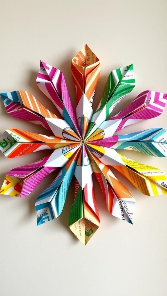 Recycled magazine snowflake with colorful strips