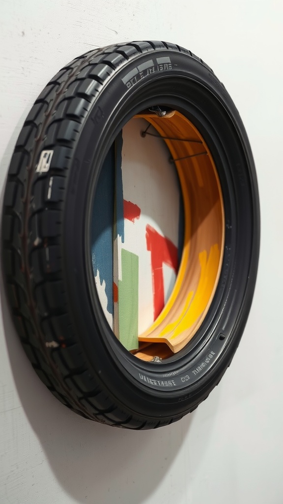 An old tire used as a colorful art canvas, hanging on a wall.