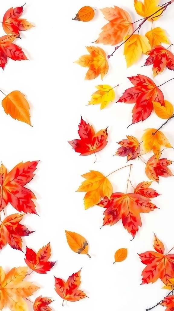 A variety of colorful autumn leaves scattered on a white background.