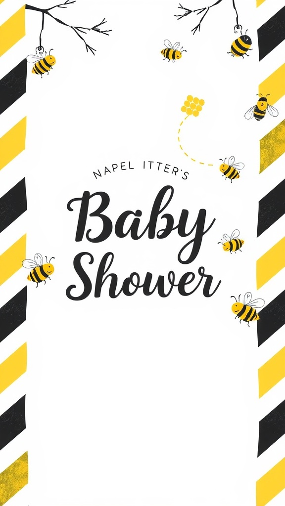 Bee-themed baby shower invitation with cheerful bees and bold stripes