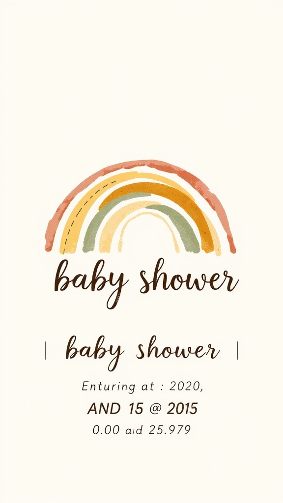 A boho-style baby shower invitation featuring a watercolor rainbow and elegant text