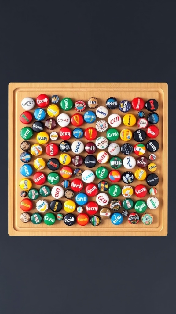 A collection of colorful bottle caps arranged in a mosaic pattern on a wooden tray.