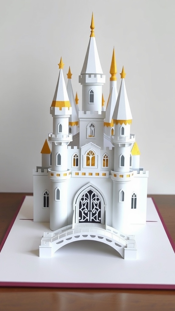 A beautifully crafted castle pop-up card with white structure and golden highlights.