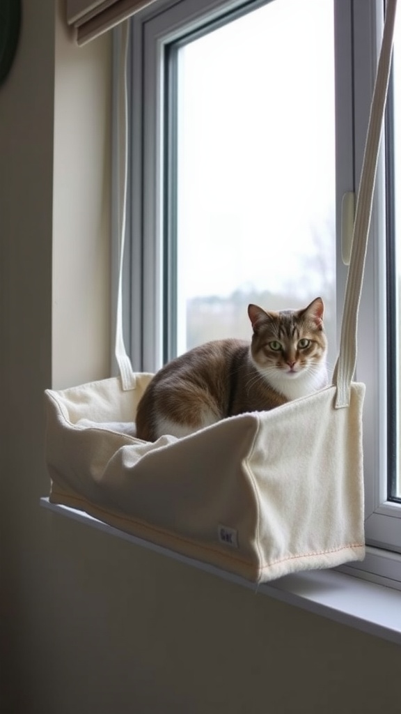 A cat lounging on a cozy window perch covered with soft fabric, providing a sunny spot for relaxation.