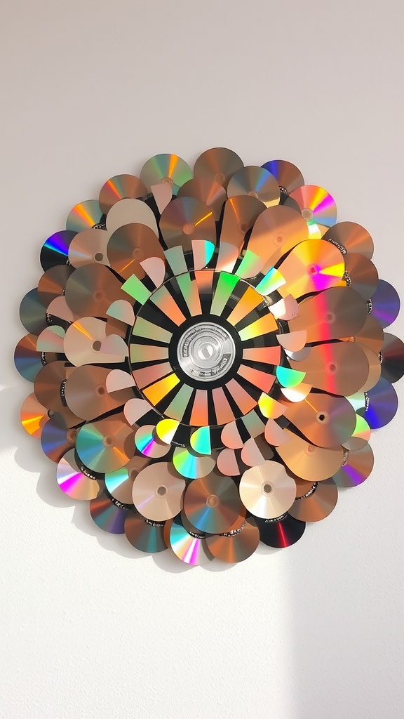 A decorative wall art piece made from recycled CDs, featuring a central mirror and a colorful circular design.