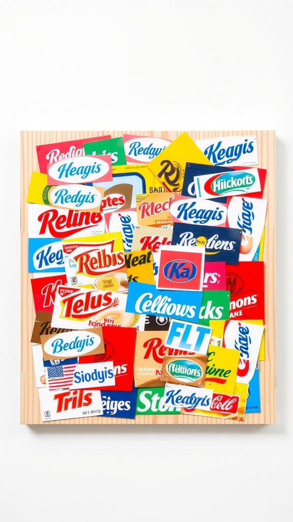 A colorful collage of cereal box labels arranged in an abstract art style.