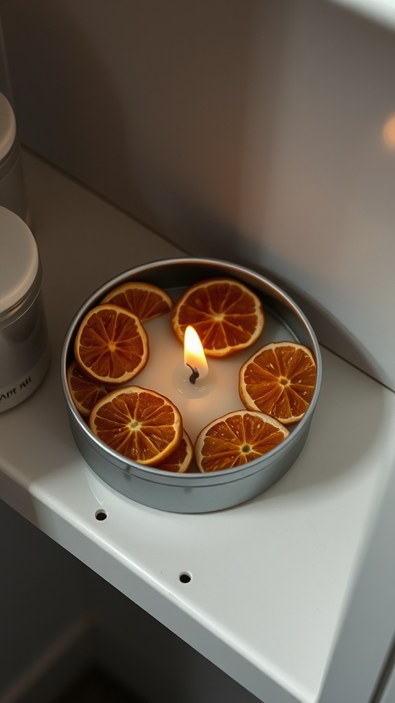 A candle surrounded by dried orange slices with a small flame burning in the center.