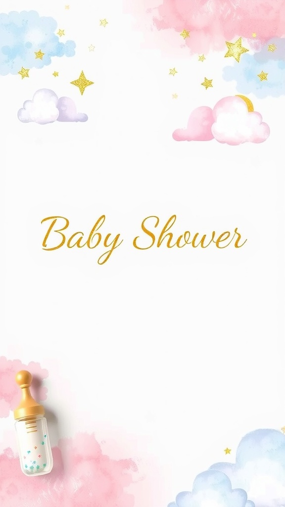 Classic pink and blue baby shower invitation featuring soft watercolor clouds and a baby bottle.