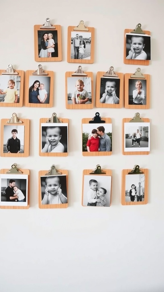 A creative clipboard photo wall displaying family photos in black and white and color