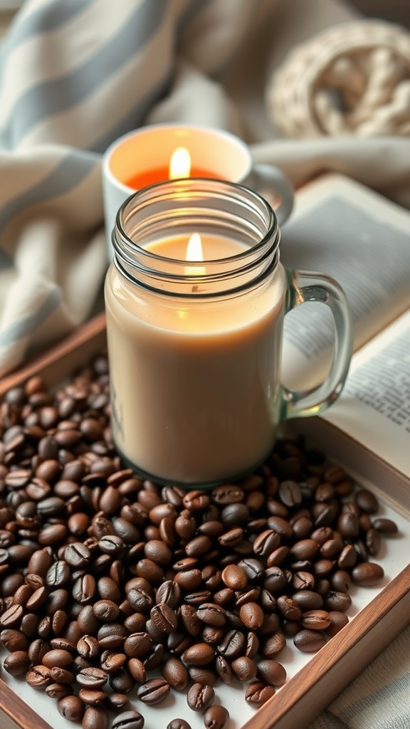 A coffee bean candle in a glass jar sitting on a tray surrounded by coffee beans.