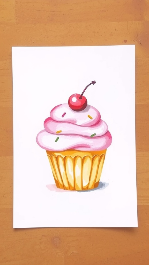 Cute watercolor cupcake illustration with pink frosting and a cherry on top