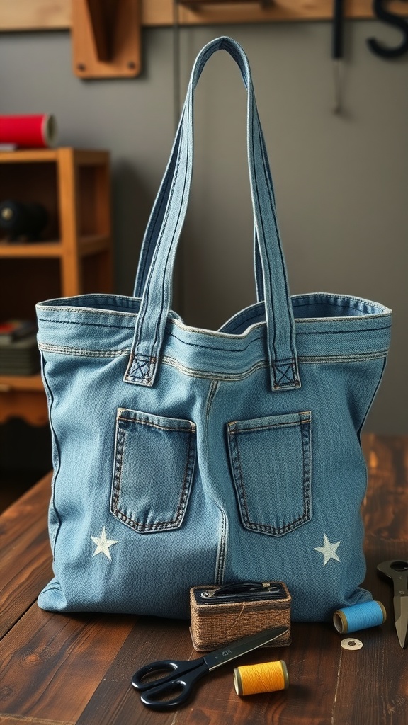 A denim tote bag made from upcycled jeans, with visible pockets and stars, on a wooden table accompanied by sewing materials.