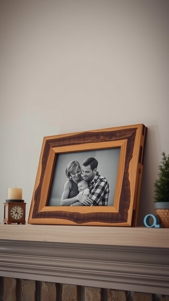 A wooden picture frame displaying a family photo, placed on a mantel with decor.