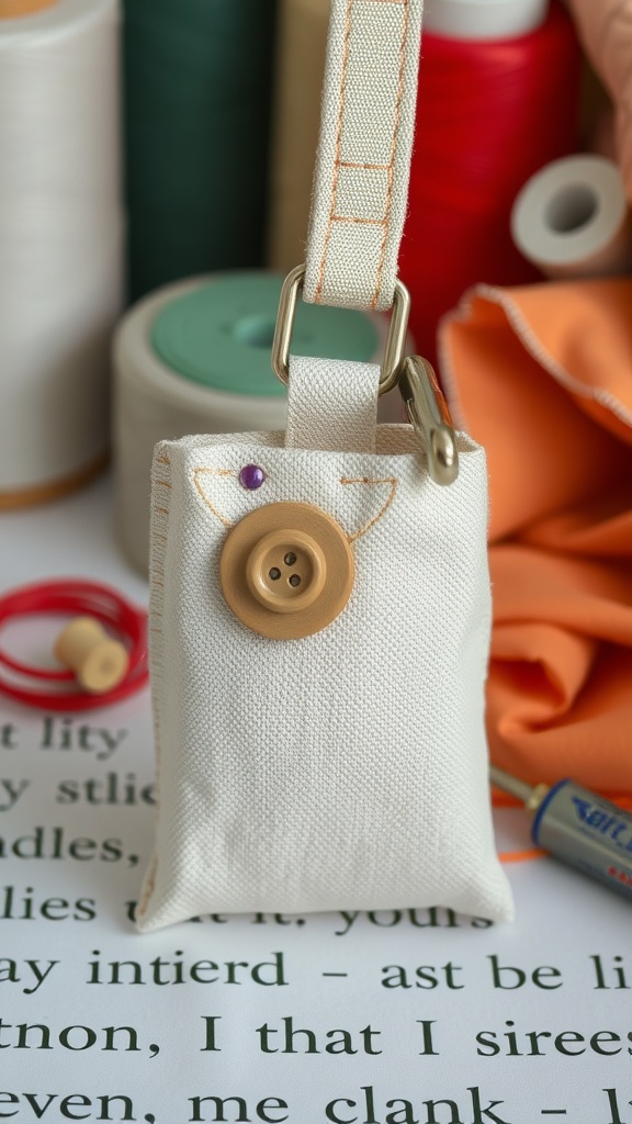 A small, white fabric pouch with a button, designed to hold dog leashes, surrounded by colorful sewing supplies.